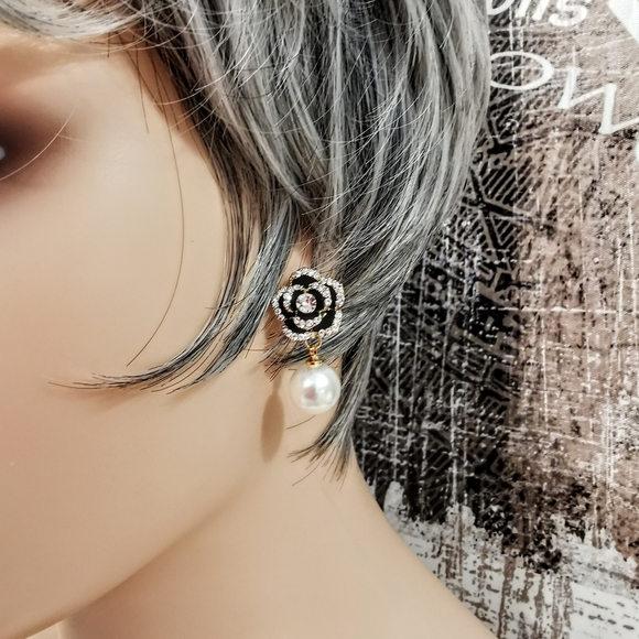 Earrings Camellia flower, dangle earrings Swarovski pearls, designer earrings,ce - Picture 5 of 8